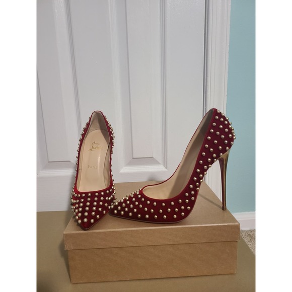 Christian Louboutin Billy Specchio Pumps Heels Studs Red Maroon Gold 40.5 10.5 - Picture 1 of 5